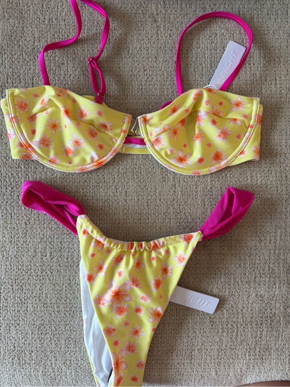 Bright Yellow Floral Bikini with Pink Straps